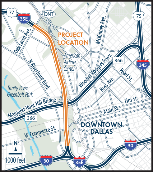 I-35E from I-30 to north of Oak Lawn Avenue map