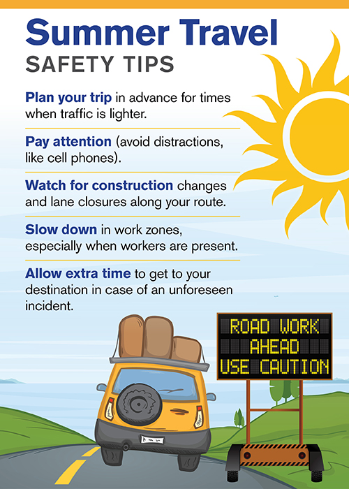 Summer Travel Safety Tips: 1. Plan your trip in advance for times when traffic is lighter. 2. Pay attention. Avoid distractions, like cell phones. 3. Watch for construction changes and lane closures along your route. 4. Slow down in work zones, especially when workers are present. 5. Allow extra time to get to your destination in case of an unforseen incident.