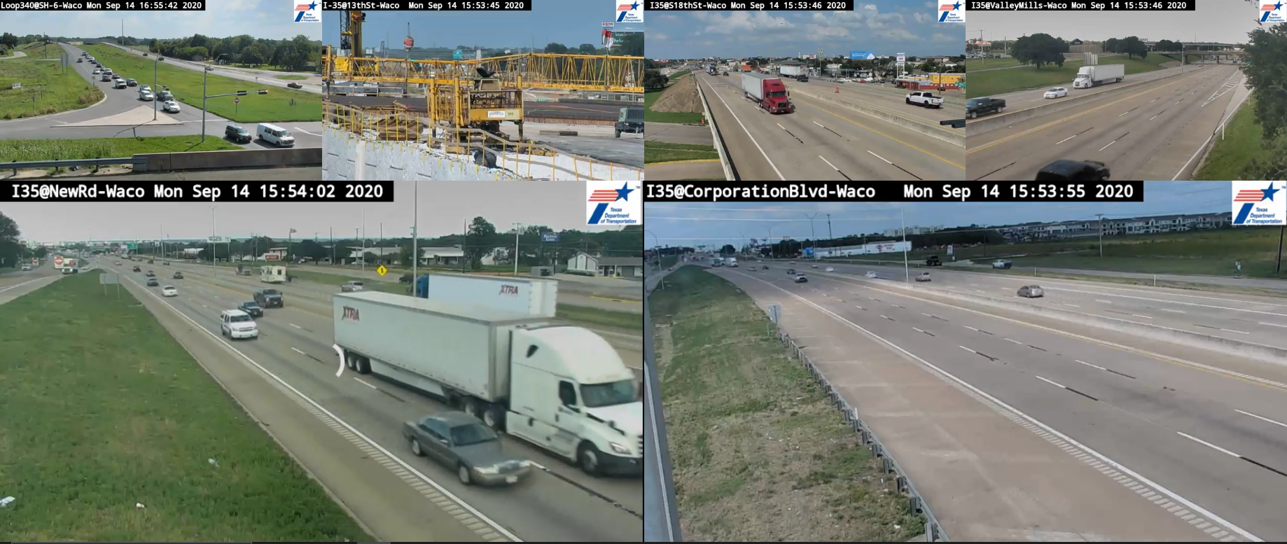 Collage of six traffic camera images of I-35 through Waco.
